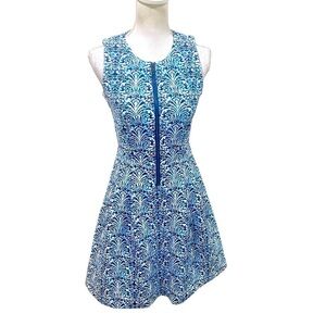 J McLaughlin front zip scuba blue print fit & flare sleeveless dress size xs